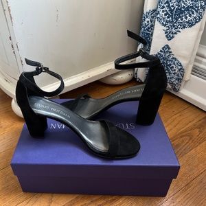 Stuart Weitzman black suede sandals 3 inch block heels